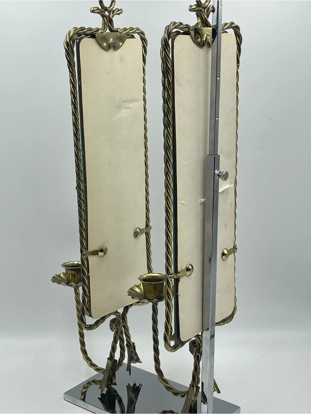 2 Mid Century Hollywood Regency Brass Rope & Tassel Mirrored Candle Wall Sconces